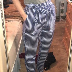 Blue and white pinstripe pants